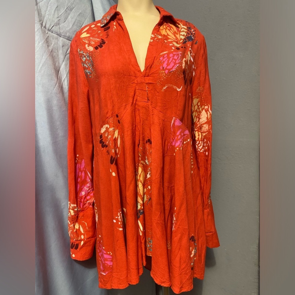 Free People Red Bell Sleeve Tunic with Mandarin Collar - Picture 7 of 13